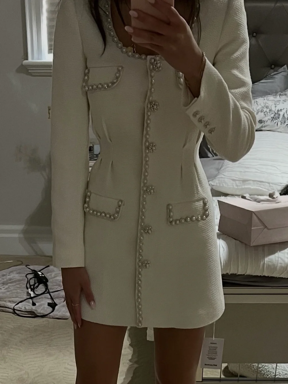 Self-Portrait Ivory Pearl-Trim Long-Sleeve Dress Coat - Picture 2 of 2